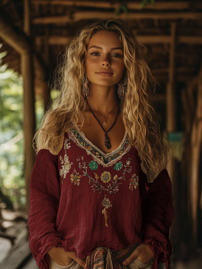 Retro Boho Tribal Art Embroidery Print Cotton And Linen V-neck Loose Shirt artswardrobe