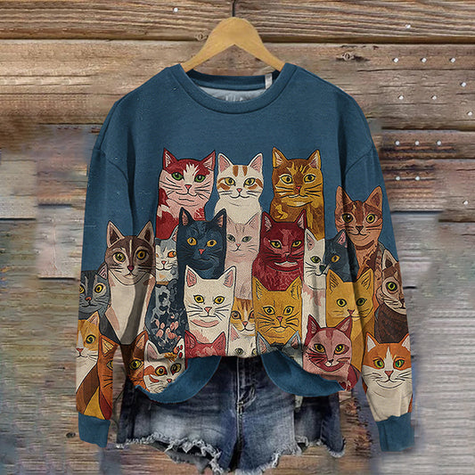Comstylish Women's Vintage Abstract Colored Cat Art Sweatshirt