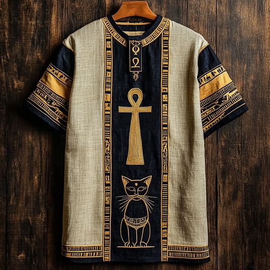 Ancient Egyptian Ankh Bastet Cat Embroidered Linen Shirt elevenforest