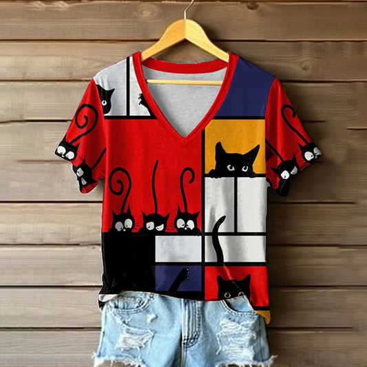 Comstylish Women's Retro Funny Animal Cat Print Short Sleeve T-shirt