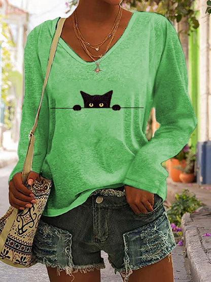 Women's Casual Funny Black Cat Print T-shirt elevenforest