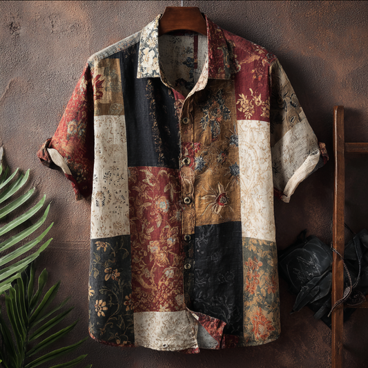 Western Style Bohemian Plant Flower Pattern Color Block Patchwork Retro Cotton And Linen Men's Shirt artswardrobe