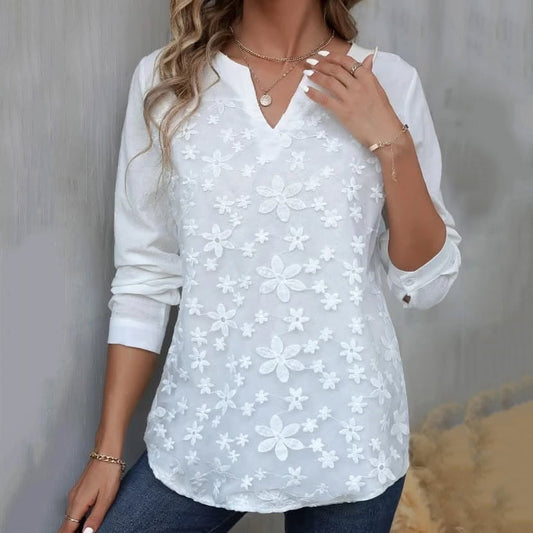 Comstylish Elegant Lace Embroidery Art Long Sleeve V-neck Shirt