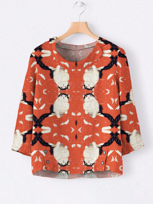 Cute Cat Japanese Art Linen Lapel Shirt elevenforest