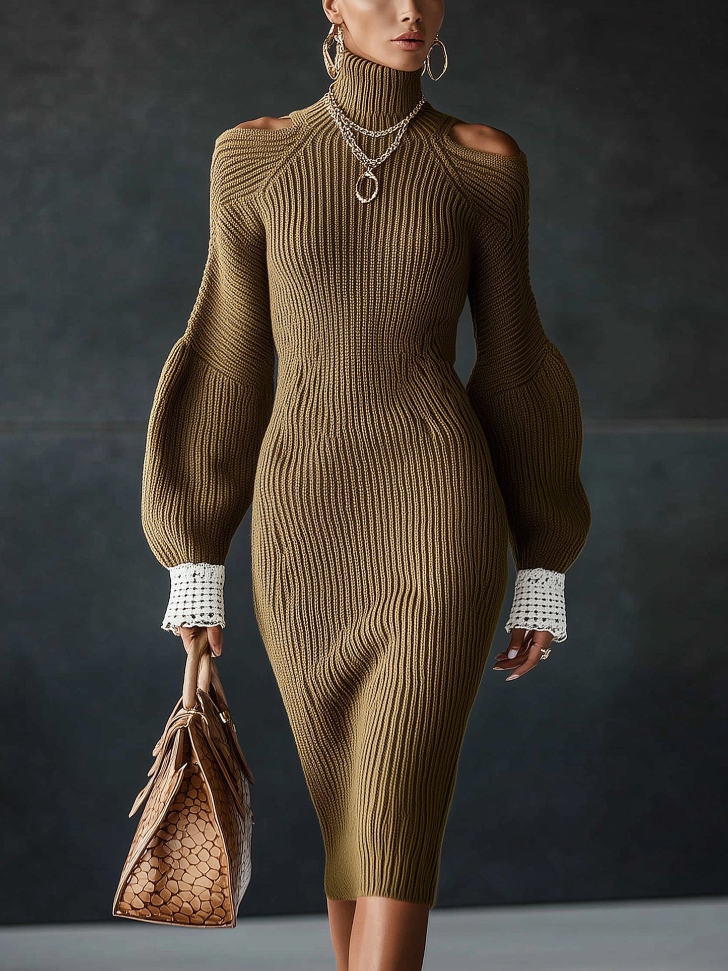 Olive Ribbed Knit Cold Shoulder Long Sleeve Bodycon Dress