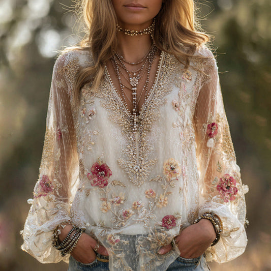 Comstylish Women's Casual Retro Bohemian Embroidered Floral Print T-shirt