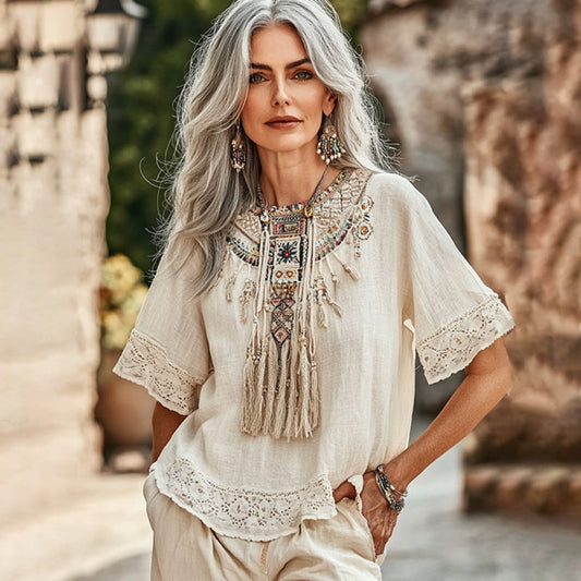 Comstylish Vintage Vintahe Tribal Pattern Lace Art Casual Shirt