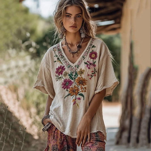 Women's Floral Embroidery V Neck Casual Linen Top artswardrobe