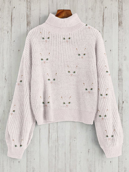 Cute Cat Face Pattern Warm Turtleneck Sweater elevenforest