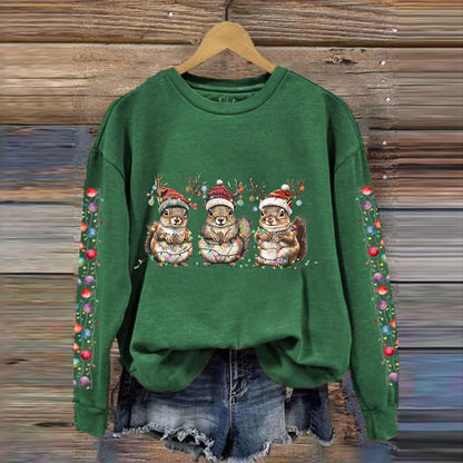 Comstylish Women's Christmas Squirrel Print Crew Neck Sweatshirt