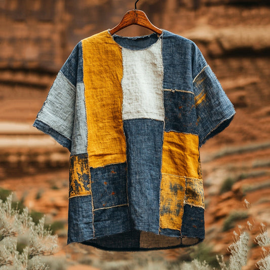 Men's Contrast Color Patchwork Linen T-shirt artswardrobe