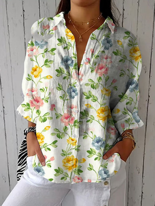 Comstylish Women's Casual Cotton And Linen Vintage Floral Shirt