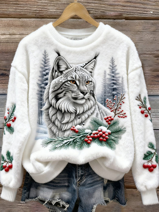 Comstylish Christmas Lynx Animal Pattern Women's Flannel Sweatshirt