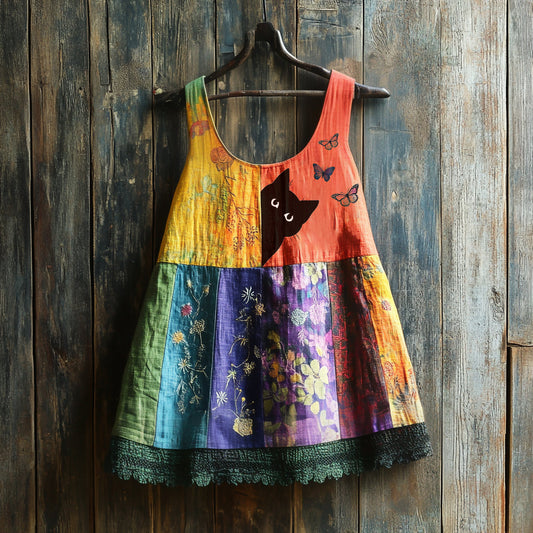 Comstylish Vintage Abstract Creative Cute Black Cat With Floral Patchwork Art Print Women's Linen Tank Top