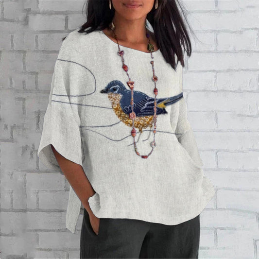 Comstylish Women's Birds Abstract Line Art Loose Crew Neck Tops