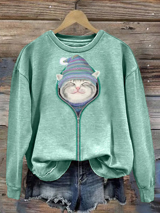 Cute Cat Print Sweatshirt elevenforest