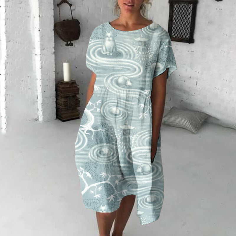 Zen Cats's Garden Japanese Art Linen Blend Loose Casual Midi Dress elevenforest