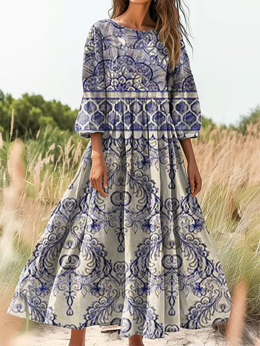 Women's Vintage Ethnic Floral Art Print Flowy Cotton Crew Neck Dress