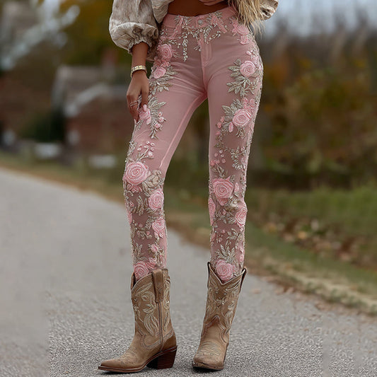 Women's Vintage Rose Floral Embroidery Art Loose Jeans artswardrobe
