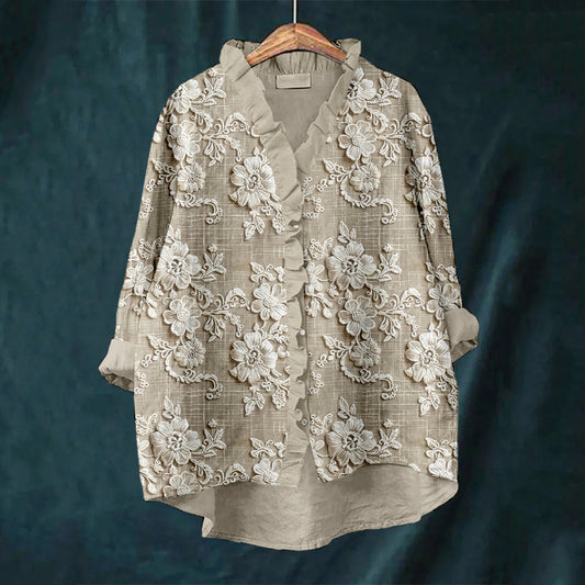 Comstylish Vintage Floral Lace Embroidered Linen Ruffle Shirt