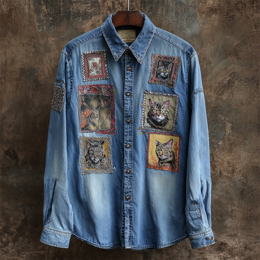 Comstylish Vintage Cat Head Art Women's Long Sleeve Denim Shirt