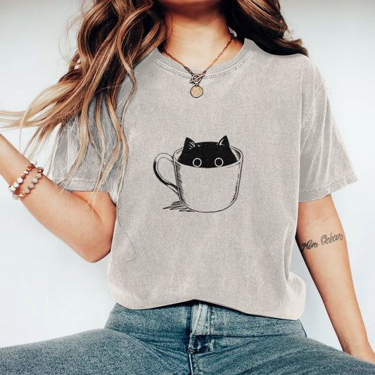 Abstract Creative Black Cat In Coffee Cup Art Print  T-shirt elevenforest