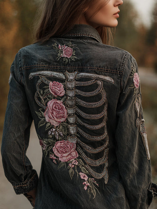 Comstylish Women's Skeleton Flower Casual Lapel Long-sleeved Shirt