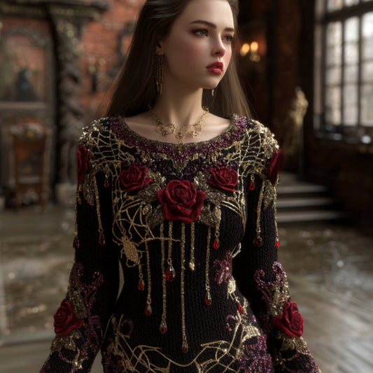 Comstylish Women's Halloween Red Rose And Blood Stained Retro Round Neck Sweater