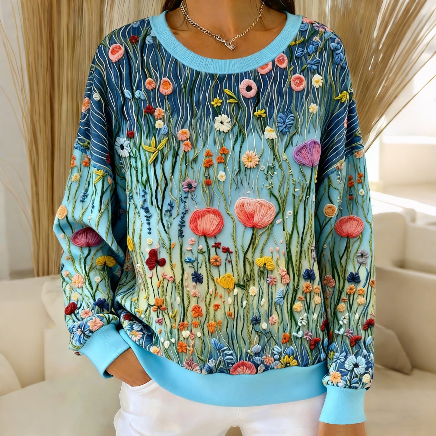 Comstylish Women's Floral Print Crew Neck Casual Sweatshirt