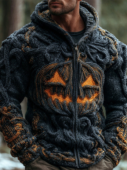 Halloween Pumpkin Emoji Men's Chunky Knit Full Zip Hooded Sweater artswardrobe