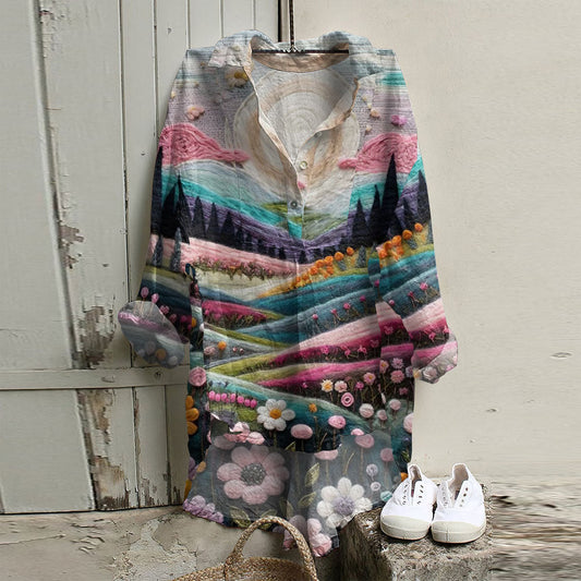 Casual Dreamy Pink Village Art Printed Long Sleeve Tunic artswardrobe