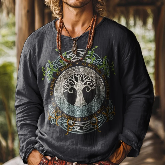 Men's Art Painting Tree Of Life Gradient Retro Print Round Neck Long Sleeve Linen T-shirt artswardrobe