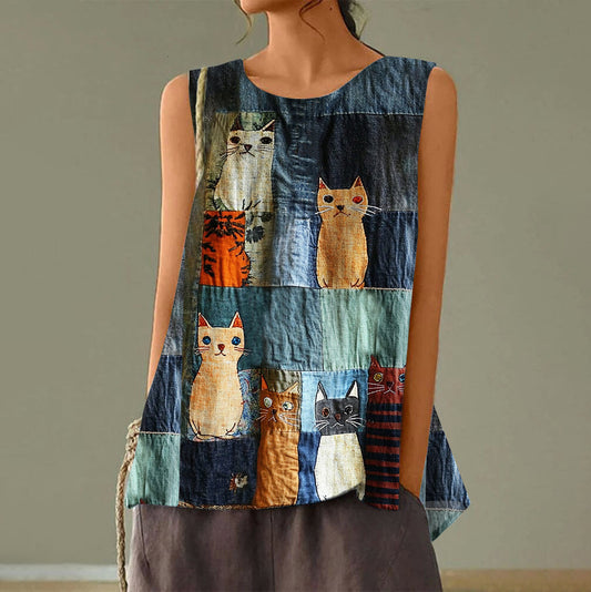 Casual Pop Cat Patchwork Cotton Linen Tank Top elevenforest