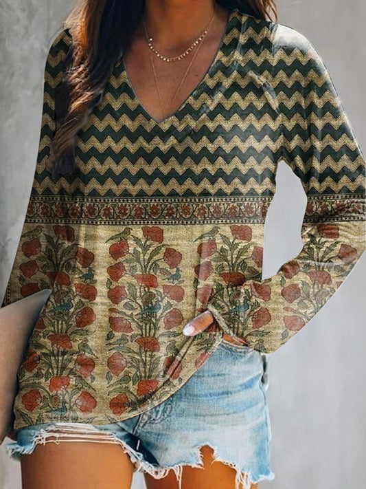 Women's Vintage Bohemian Floral Art Print Casual V Neck Long Sleeve To