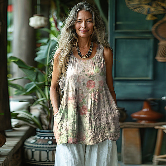 Women's Vintage Floral Patch Cotton And Linen Sleeveless Tank Top artswardrobe