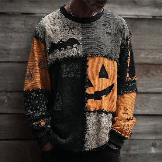 Halloween Pumpkin & Bat Irregular Patchwork Men's Sweatshirt artswardrobe