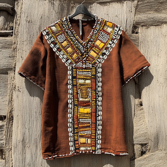 Vintage African Ethnic Kenyan Shell Art Linen Shirt artswardrobe