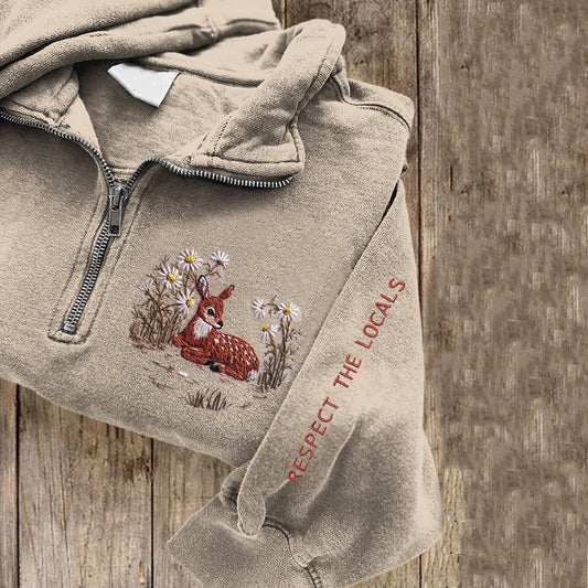 Comstylish Respect The Locals Deer Embroidered Zip Up Sweatshirt