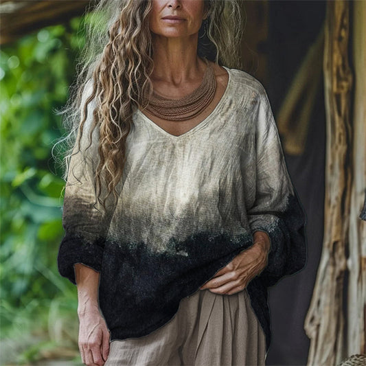 Classy Contrast Dyed V Neck Linen Tunic artswardrobe