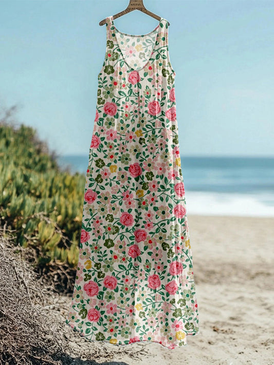 Vintage Floral Pattern Flowy Linen Dress artswardrobe