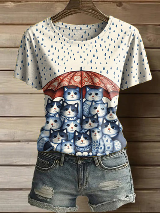 Comstylish Women's Casual Cute Cat Printed Round Neck Short Sleeve T-shirt