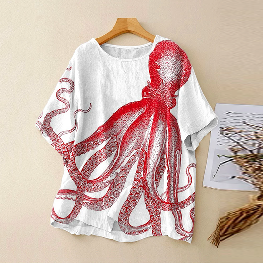 Comstylish Vintage Bohemian Abstract Octopus Linen Art Print Short Sleeve Round Neck Shirt