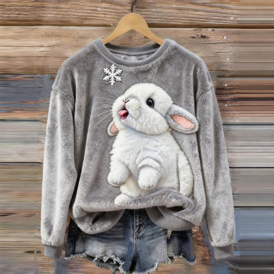 Cute Bunny & Snowflake Embroidered Cozy Plush Sweatshirt artswardrobe