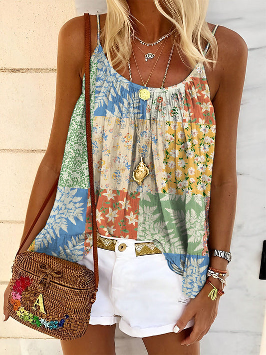 Women's Retro Floral Patchwork Art Print Tank Top