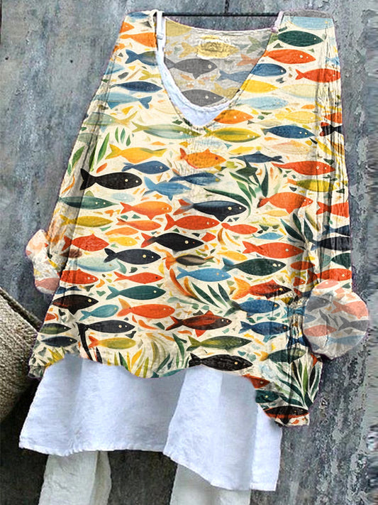 Comstylish Fish Oil Painting Art Print Linen Blend Casual Shirt