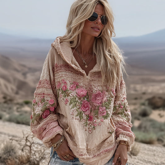 Comstylish Women's Vintage Rose Floral Art Casual Half Zip Sweatshirt