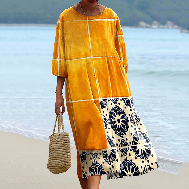 Women's Vintage Flowers Art Print Flowy Cotton Crew Neck Dress artswardrobe