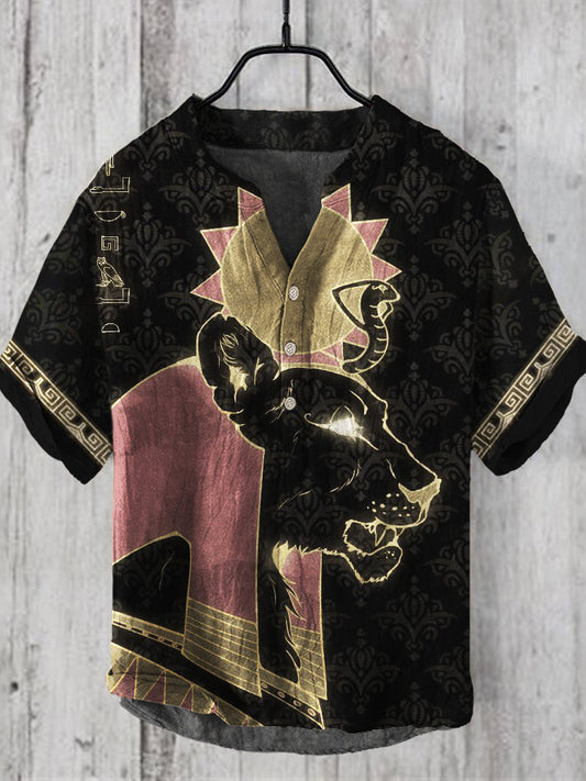 Vintage Egyptian Lion Print Men's Casual V-neck Shirt artswardrobe