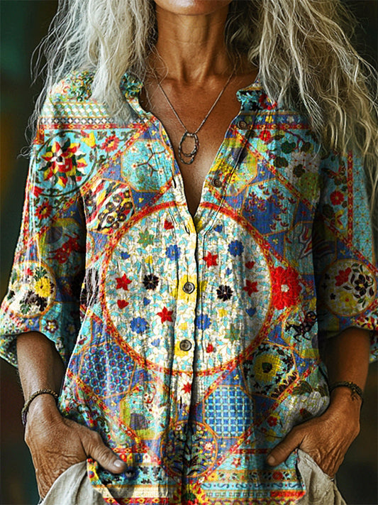 Women's Vintage Ethnic Floral Art Print Casual Cotton Linen Shirt