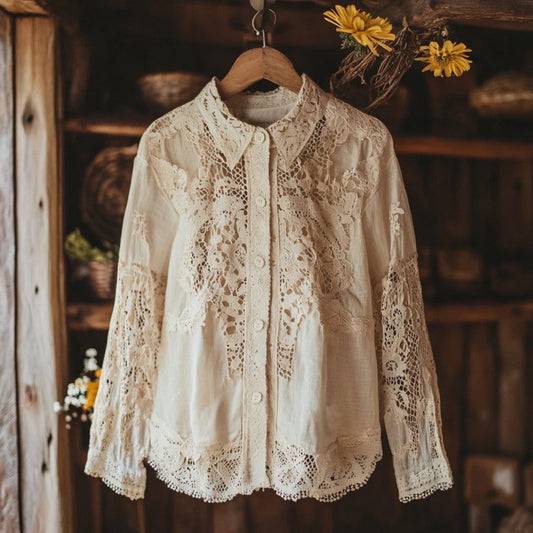 Comstylish Women's Retro Lace Embroidery Art Lapel Shirt